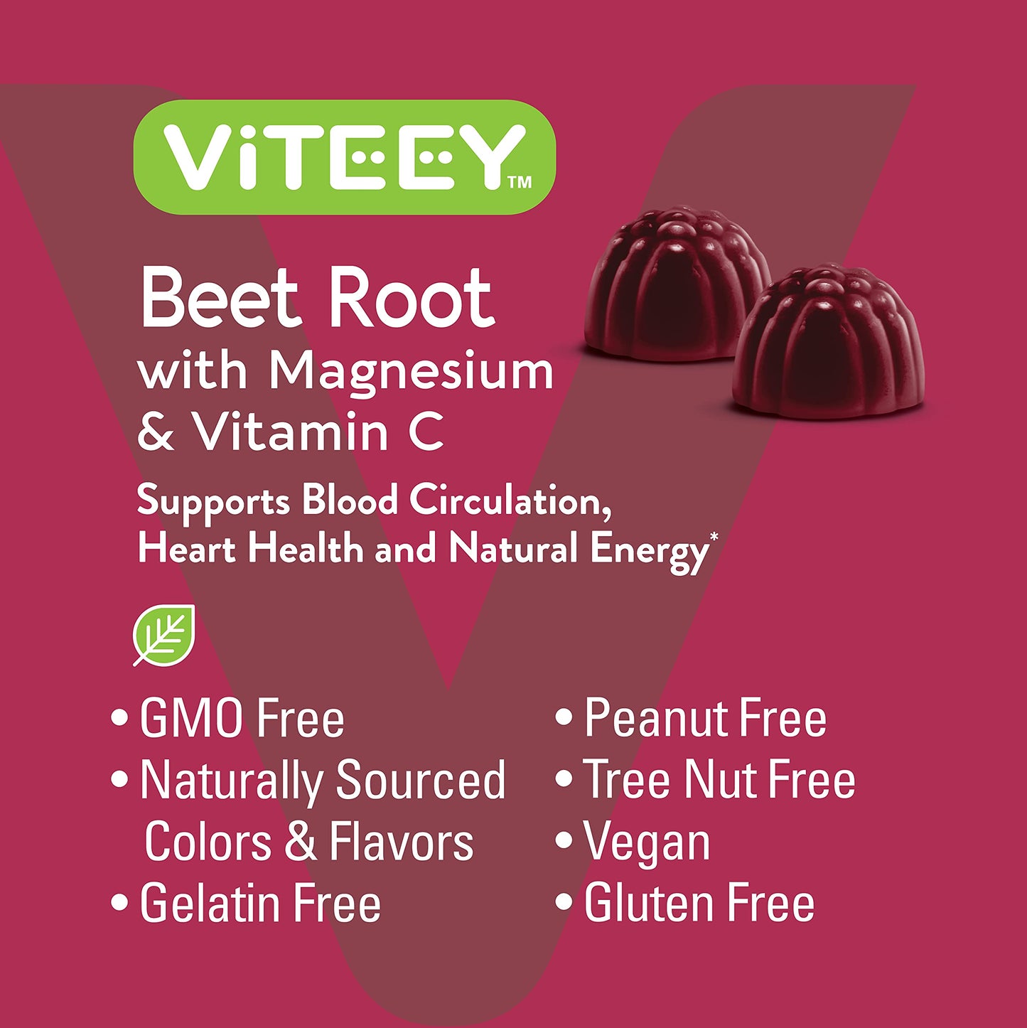 Viteey Beet Root Gummies with Magnesium & Vitamin C - Beetroot Supplement for Heart Health & Blood Pressure Support - Vegan, Gluten-Free - 60 Count