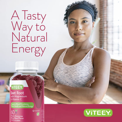 Viteey Beet Root Gummies with Magnesium & Vitamin C - Beetroot Supplement for Heart Health & Blood Pressure Support - Vegan, Gluten-Free - 60 Count