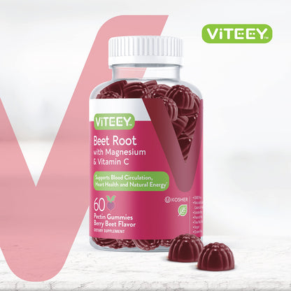 Viteey Beet Root Gummies with Magnesium & Vitamin C - Beetroot Supplement for Heart Health & Blood Pressure Support - Vegan, Gluten-Free - 60 Count