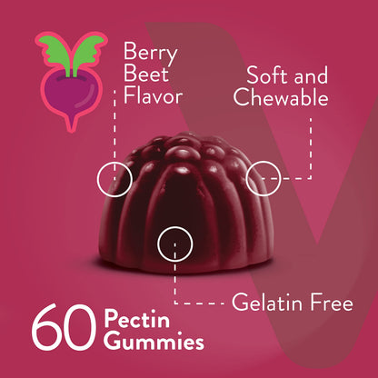 Viteey Beet Root Gummies with Magnesium & Vitamin C - Beetroot Supplement for Heart Health & Blood Pressure Support - Vegan, Gluten-Free - 60 Count