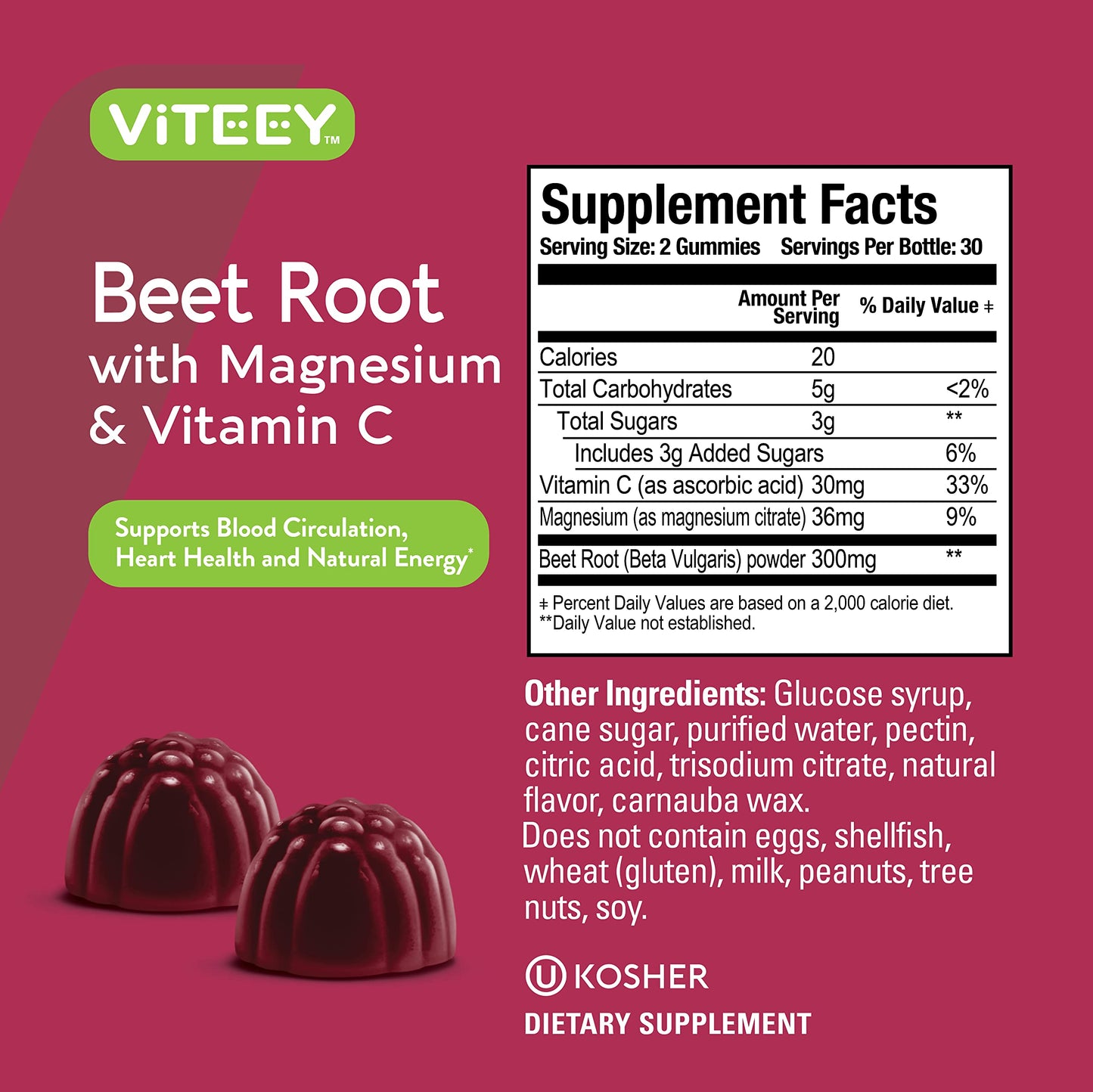 Viteey Beet Root Gummies with Magnesium & Vitamin C – 120 Count