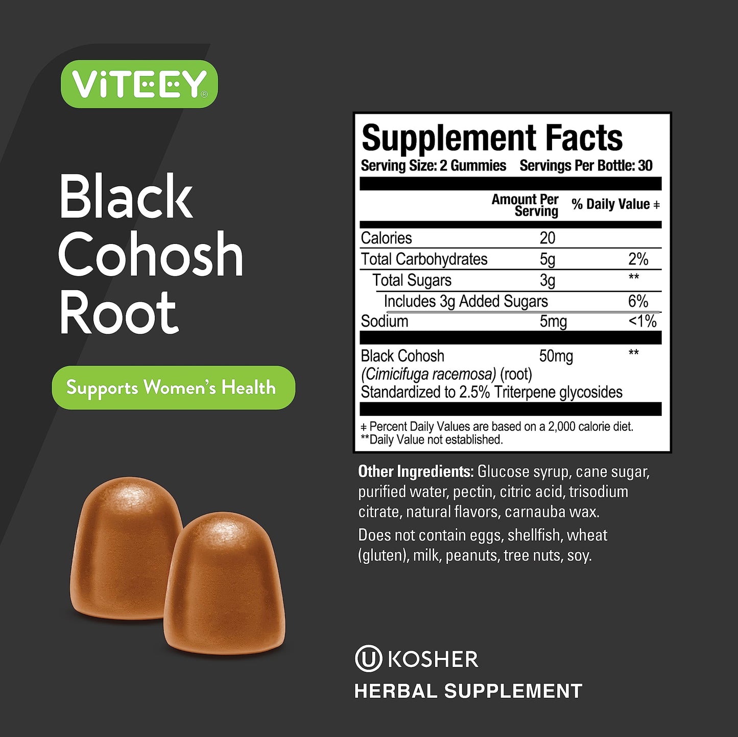 Viteey Black Cohosh Root Gummies – Menopause Relief (Hot Flashes & Night Sweats) – Vegan, Gluten-Free, Non-GMO – 60 Count