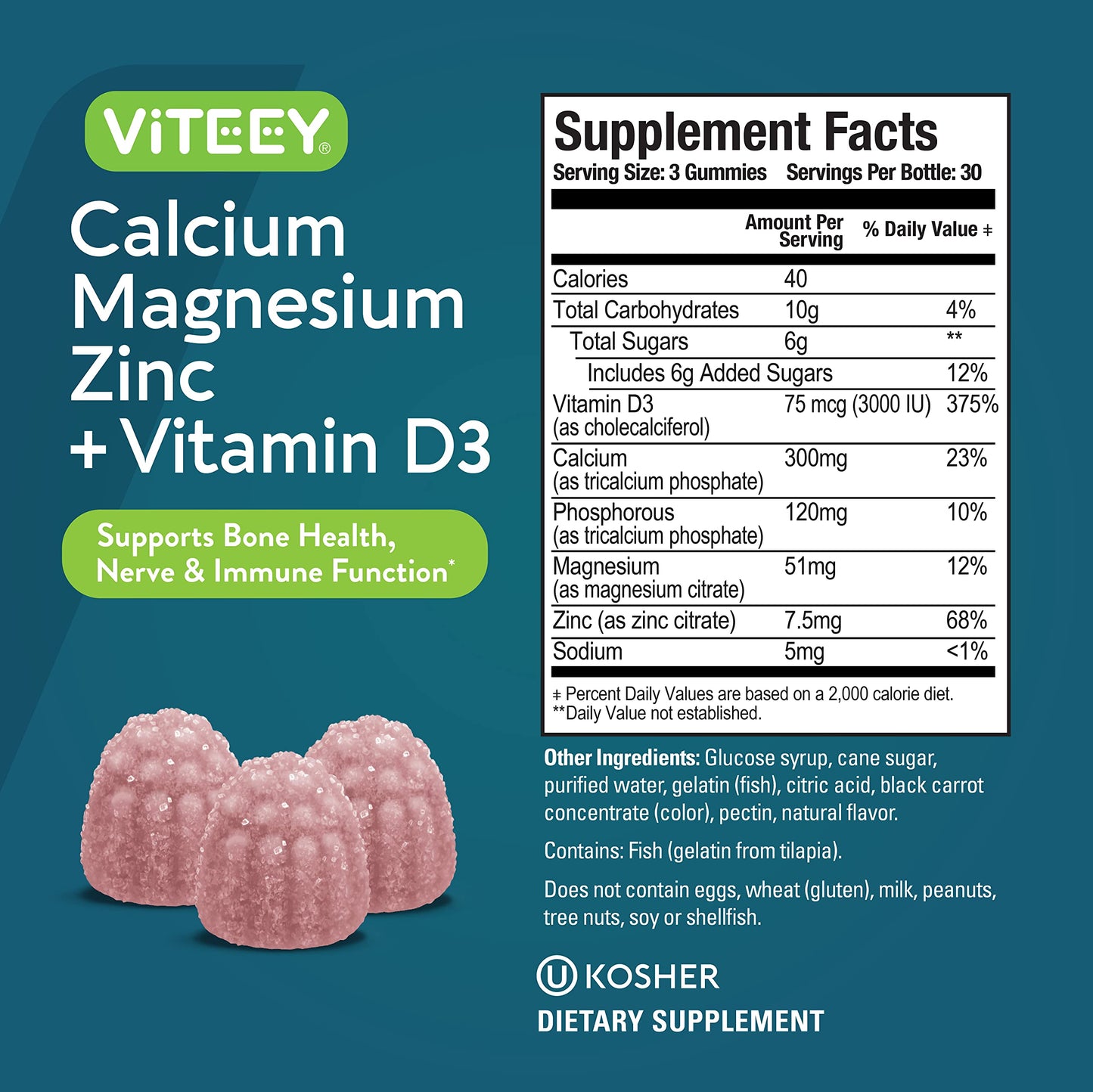 Viteey Calcium Magnesium Zinc Gummies + Vitamin D3 | Bone Health & Immune Support