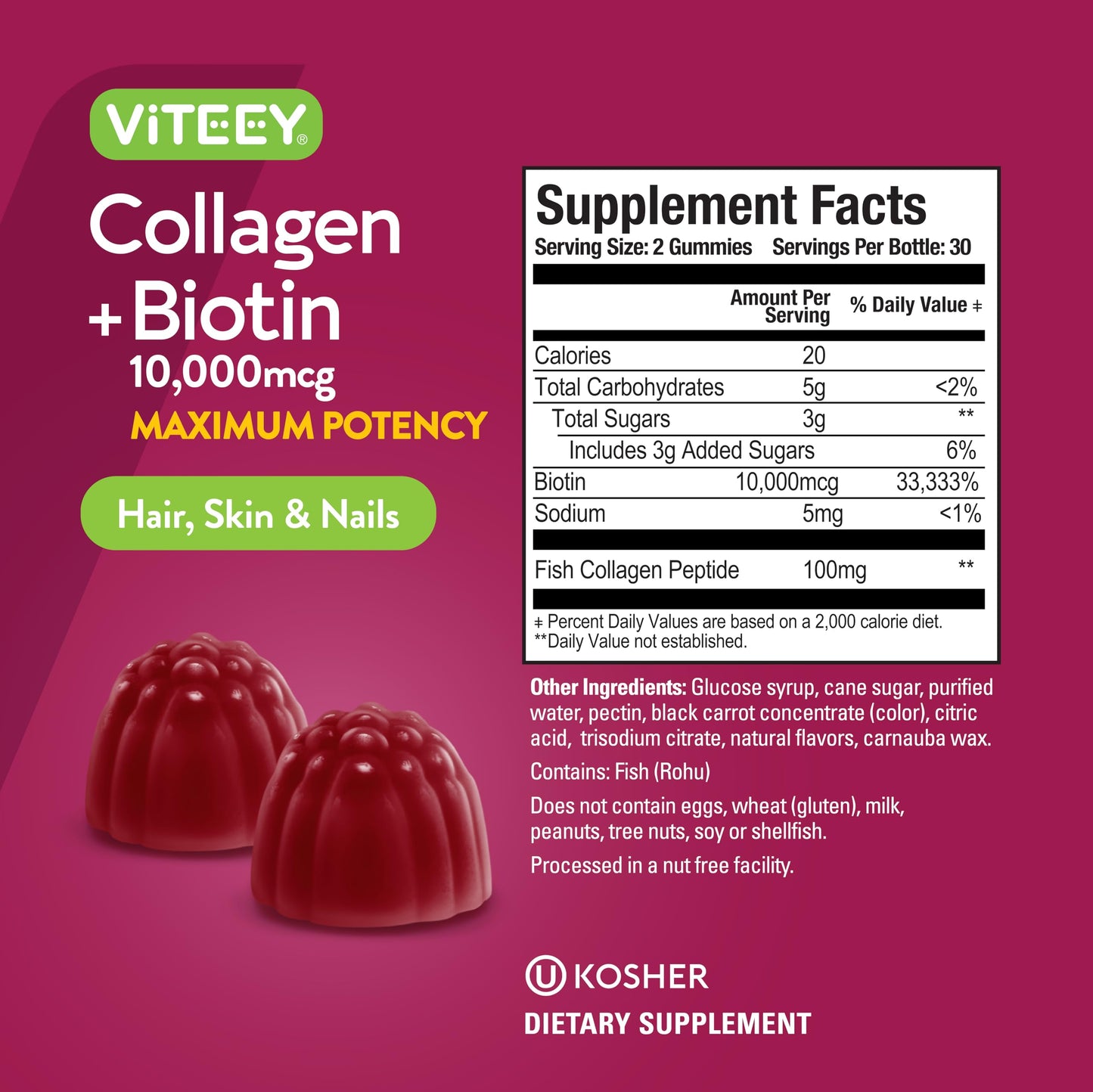 Viteey Collagen Gummies with Biotin – Hair, Skin & Nails Vitamins | Vegan & Gluten Free | 120 Count