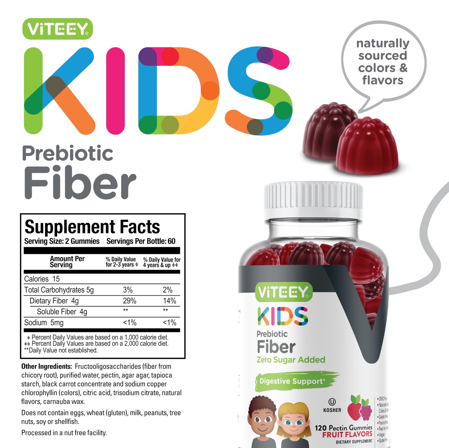 Viteey Prebiotic Kids Fiber Gummies – 4g Fiber, Digestive Health, Vegan & Gluten Free