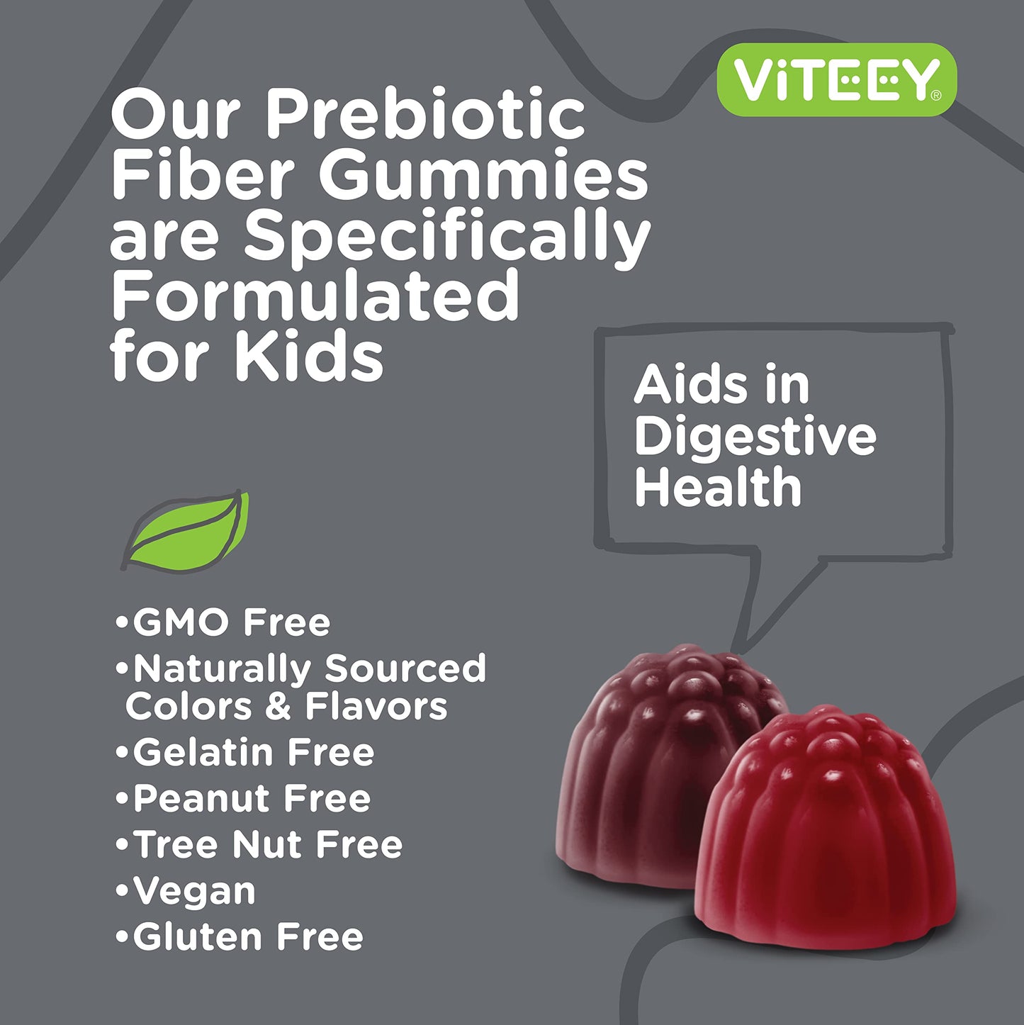 Viteey Prebiotic Kids Fiber Gummies – 4g Fiber, Digestive Health, Vegan & Gluten Free