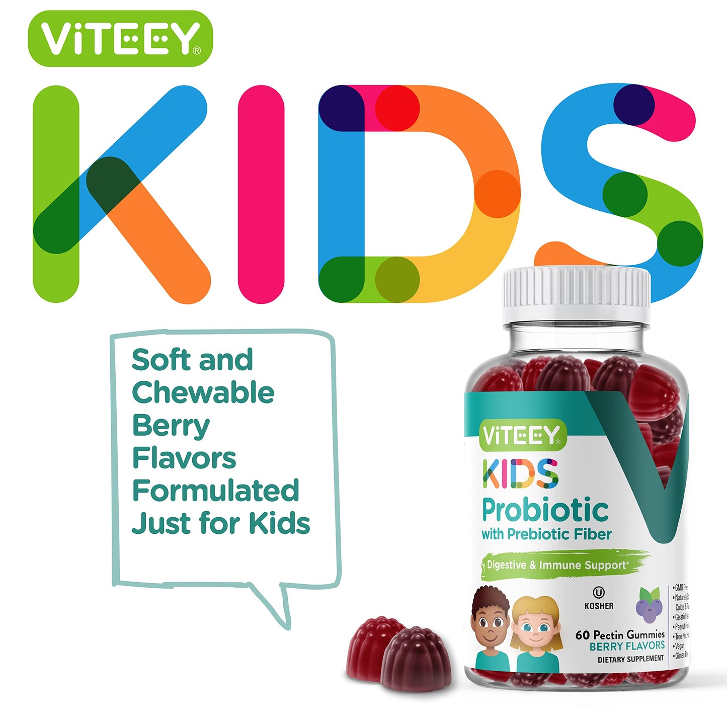 Viteey Probiotic Gummies for Kids with Prebiotic Fiber - 2B CFUs | Digestive & Gut Health, Constipation Relief - Vegan, Gelatin-Free, Berry Chewable