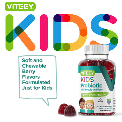 Viteey Probiotic Gummies for Kids with Prebiotic Fiber - 2B CFUs | Digestive & Gut Health, Constipation Relief - Vegan, Gelatin-Free, Berry Chewable