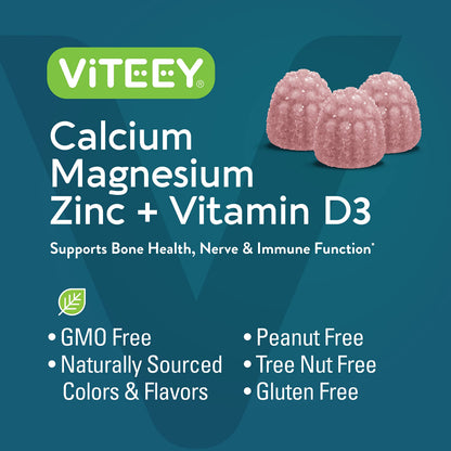 Viteey Calcium Magnesium Zinc Gummies + Vitamin D3 | Bone Health & Immune Support