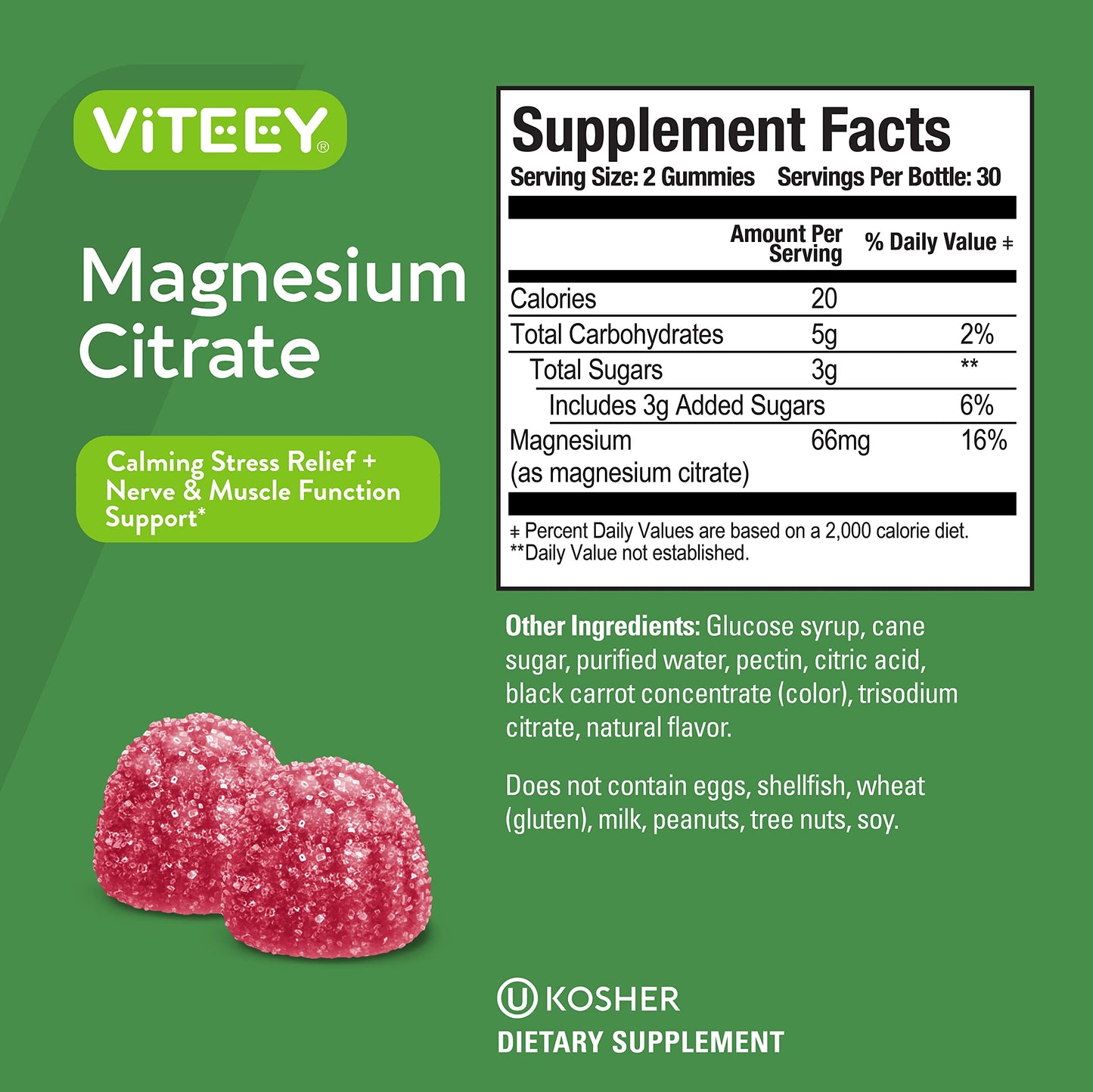 VITEEY Magnesium Gummies for Adults – 66mg Citrate, 60-Count, Gluten Free