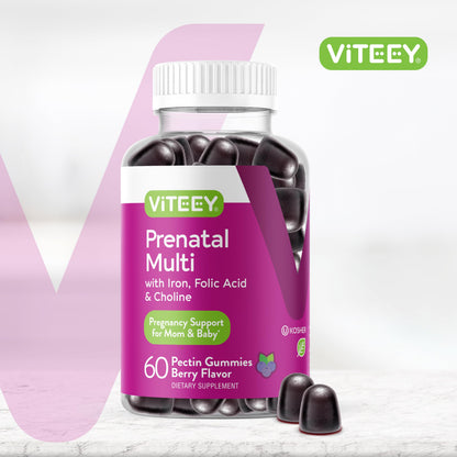 Viteey Prenatal Gummies for Women – Iron, Folic Acid, Choline | 60 Count