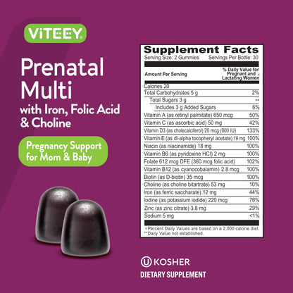 Viteey Prenatal Gummies for Women – Iron, Folic Acid, Choline | 60 Count
