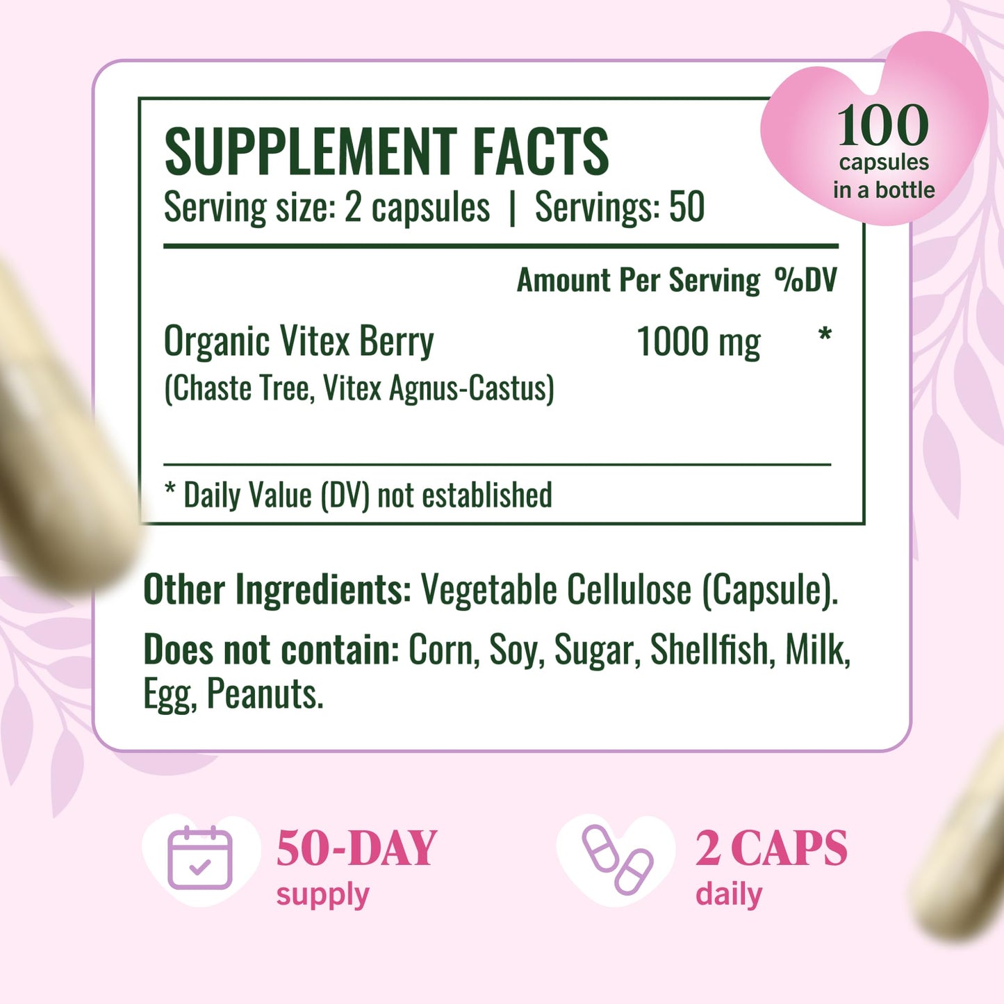 HERBAMAMA Vitex Berry Capsules – 1000mg Vitex Chasteberry for Menopause Support* – Vegan, Non-GMO – 50-Day Supply