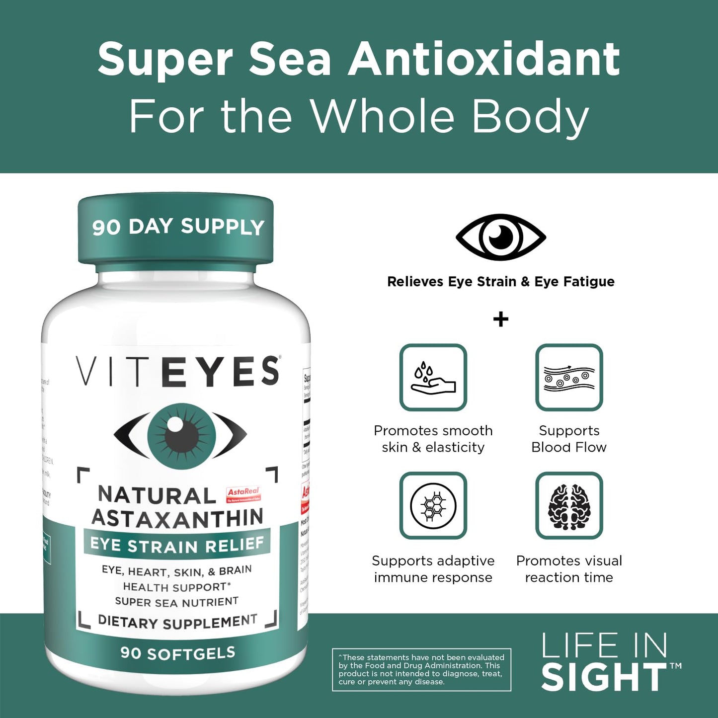 Viteyes Natural Astaxanthin — Relieve Tired Eyes & Eye Strain | Algae-Sourced, 4–8 mg, 90 Softgels