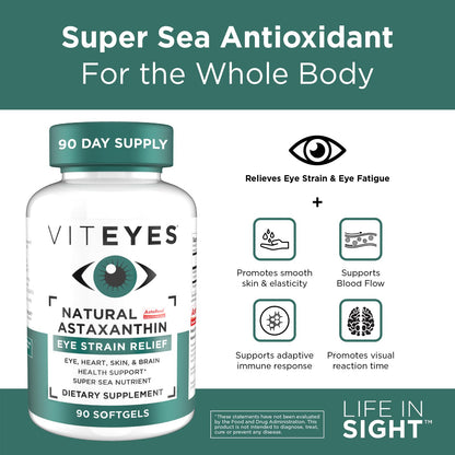 Viteyes Natural Astaxanthin — Relieve Tired Eyes & Eye Strain | Algae-Sourced, 4–8 mg, 90 Softgels