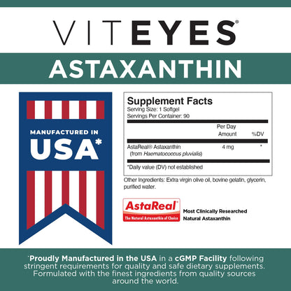 Viteyes Natural Astaxanthin — Relieve Tired Eyes & Eye Strain | Algae-Sourced, 4–8 mg, 90 Softgels