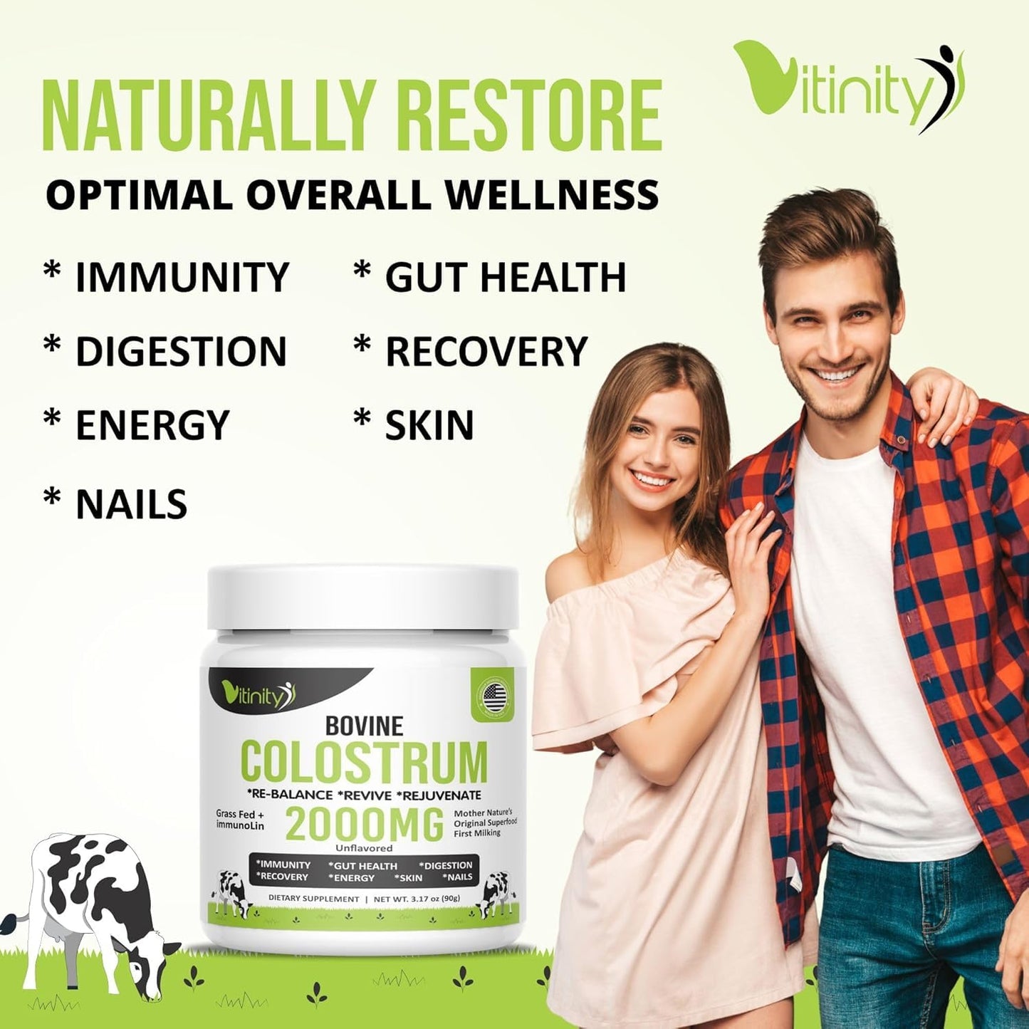 VITINITY Grass-Fed Bovine Colostrum Powder for Humans – Unflavored 90g