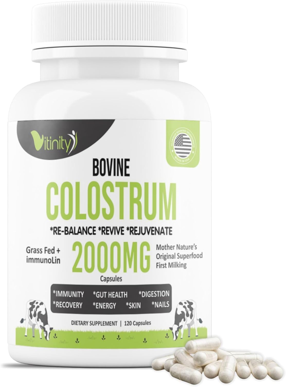 VITINITY Grass Fed Bovine Colostrum Capsules for Humans | Gut Health & Immunity | 120 Count