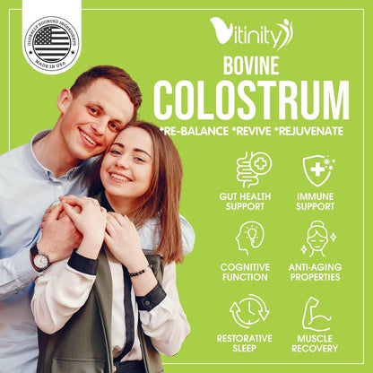VITINITY Grass Fed Bovine Colostrum Capsules for Humans | Gut Health & Immunity | 120 Count