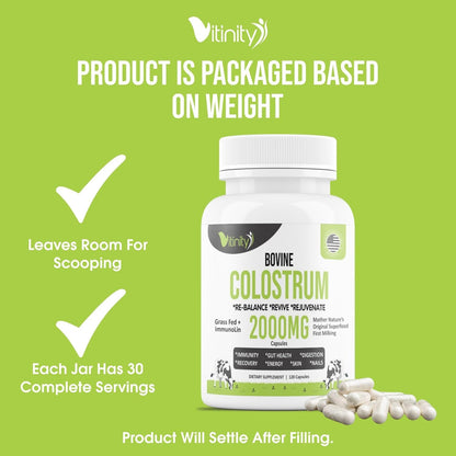 VITINITY Grass Fed Bovine Colostrum Capsules for Humans | Gut Health & Immunity | 120 Count