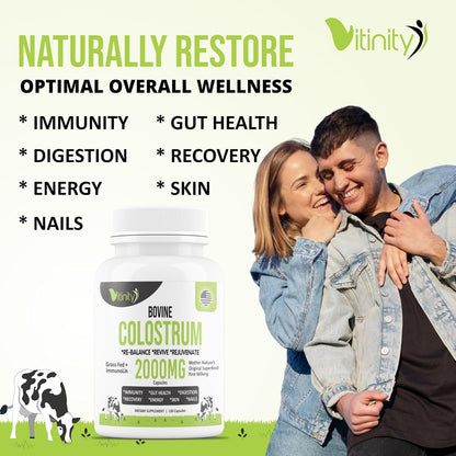 VITINITY Grass Fed Bovine Colostrum Capsules for Humans | Gut Health & Immunity | 120 Count