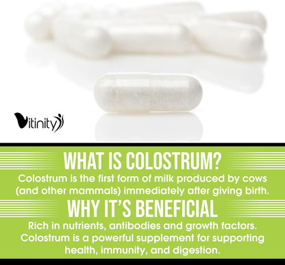 VITINITY Grass Fed Bovine Colostrum Capsules for Humans | Gut Health & Immunity | 120 Count