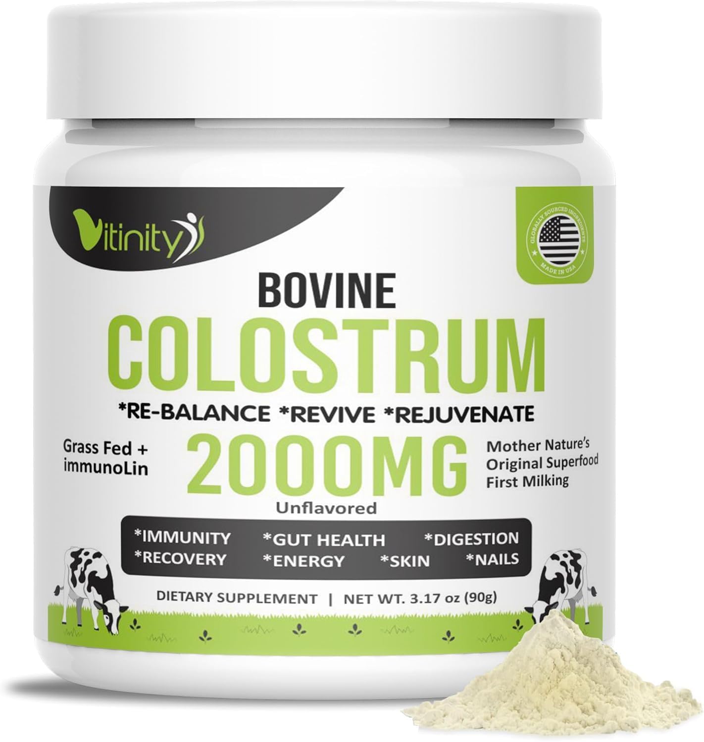 VITINITY Grass-Fed Bovine Colostrum Powder for Humans – Unflavored 90g