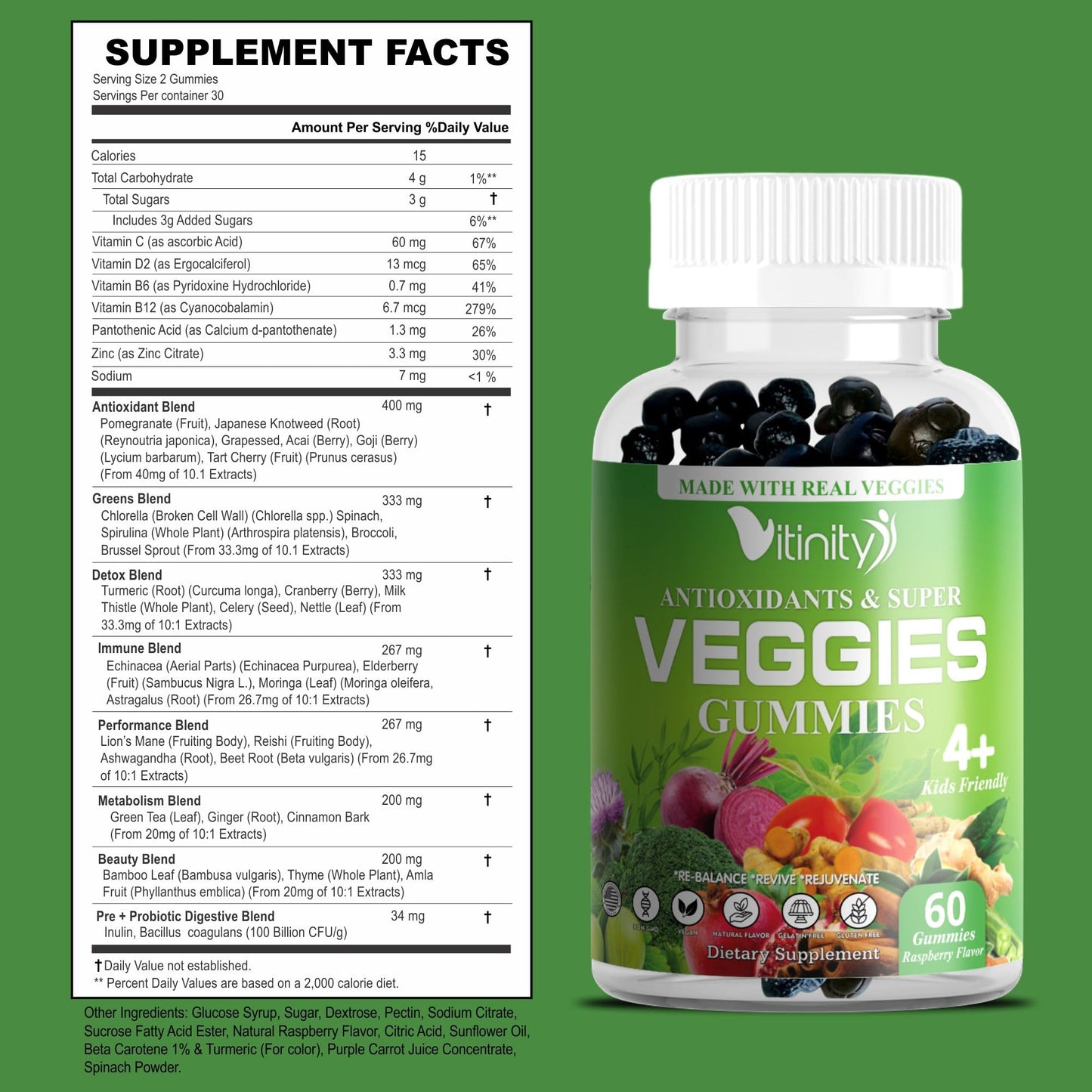 VITINITY Super Greens Multivitamin Gummies | Made with 30 Real Superfood Veggies, Herbs, Fruit for Adults & Kids to Boost Immunity, Skin & Gut Health | Non-GMO, Gluten-Free & Sugar-Free 60-Day Supply