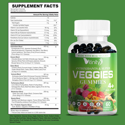 VITINITY Super Greens Multivitamin Gummies | Made with 30 Real Superfood Veggies, Herbs, Fruit for Adults & Kids to Boost Immunity, Skin & Gut Health | Non-GMO, Gluten-Free & Sugar-Free 60-Day Supply