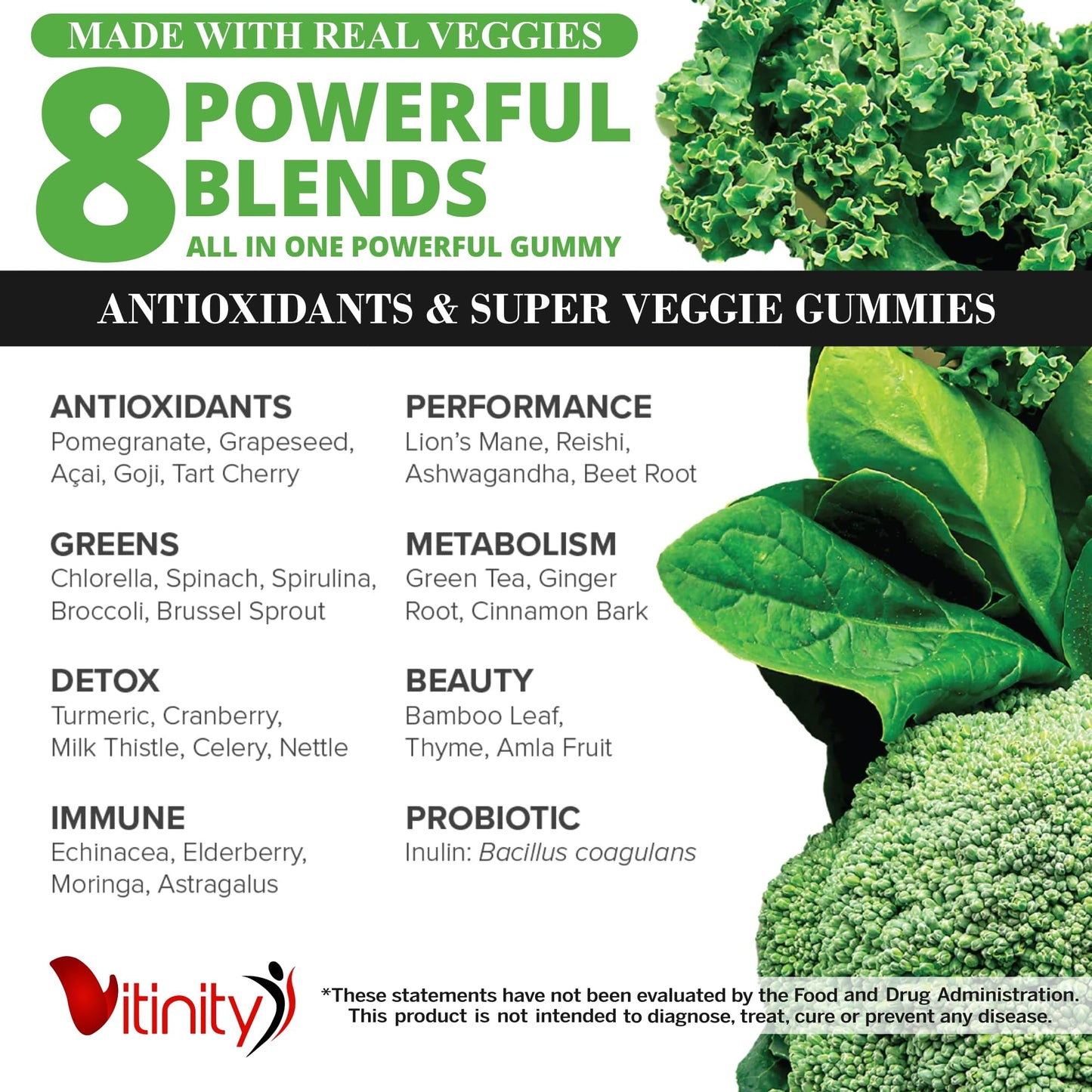 VITINITY Super Greens Multivitamin Gummies | Made with 30 Real Superfood Veggies, Herbs, Fruit for Adults & Kids to Boost Immunity, Skin & Gut Health | Non-GMO, Gluten-Free & Sugar-Free 60-Day Supply