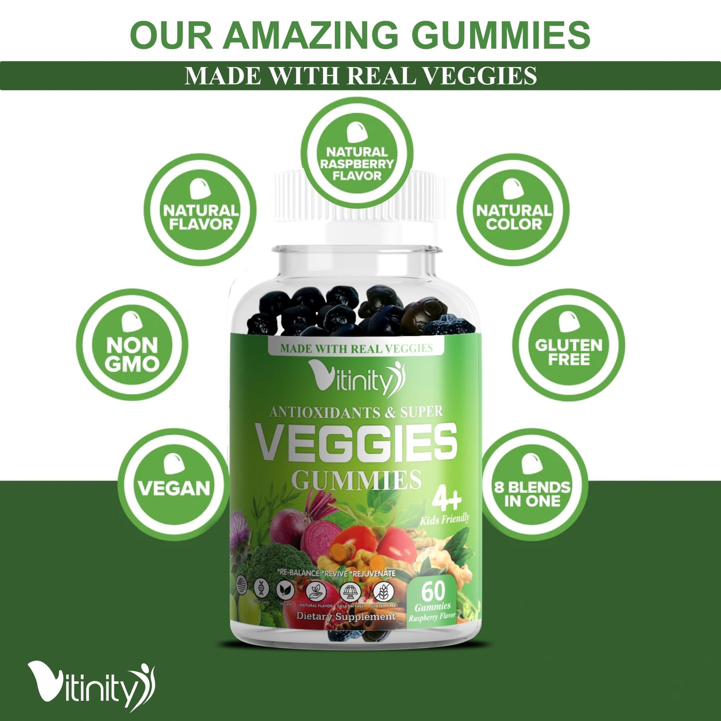 VITINITY Super Greens Multivitamin Gummies | Made with 30 Real Superfood Veggies, Herbs, Fruit for Adults & Kids to Boost Immunity, Skin & Gut Health | Non-GMO, Gluten-Free & Sugar-Free 60-Day Supply