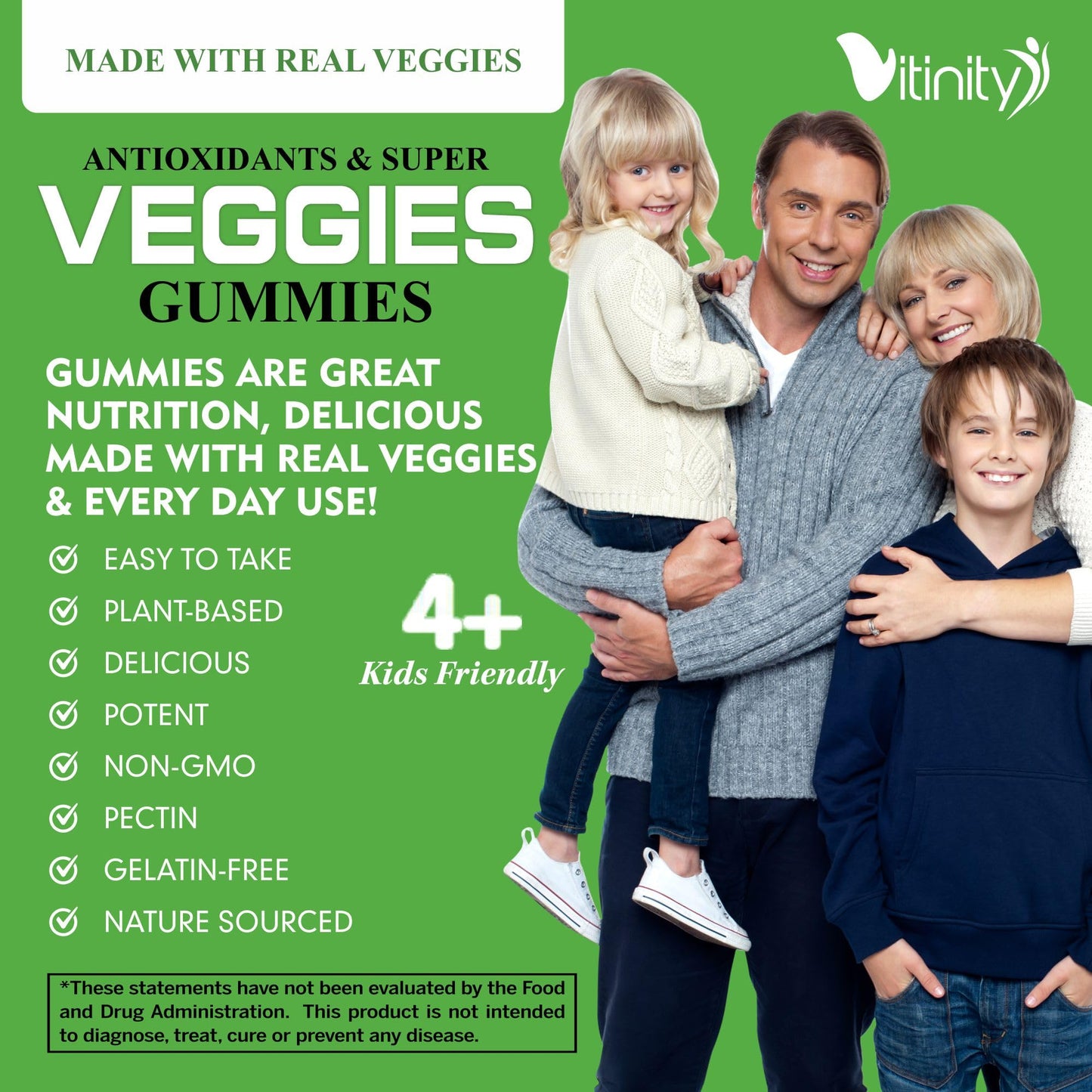 VITINITY Super Greens Multivitamin Gummies | Made with 30 Real Superfood Veggies, Herbs, Fruit for Adults & Kids to Boost Immunity, Skin & Gut Health | Non-GMO, Gluten-Free & Sugar-Free 60-Day Supply
