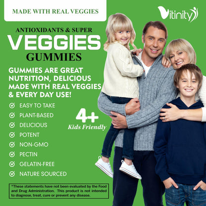 VITINITY Super Greens Multivitamin Gummies | Made with 30 Real Superfood Veggies, Herbs, Fruit for Adults & Kids to Boost Immunity, Skin & Gut Health | Non-GMO, Gluten-Free & Sugar-Free 60-Day Supply