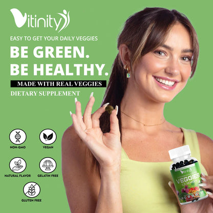 VITINITY Super Greens Multivitamin Gummies | Made with 30 Real Superfood Veggies, Herbs, Fruit for Adults & Kids to Boost Immunity, Skin & Gut Health | Non-GMO, Gluten-Free & Sugar-Free 60-Day Supply