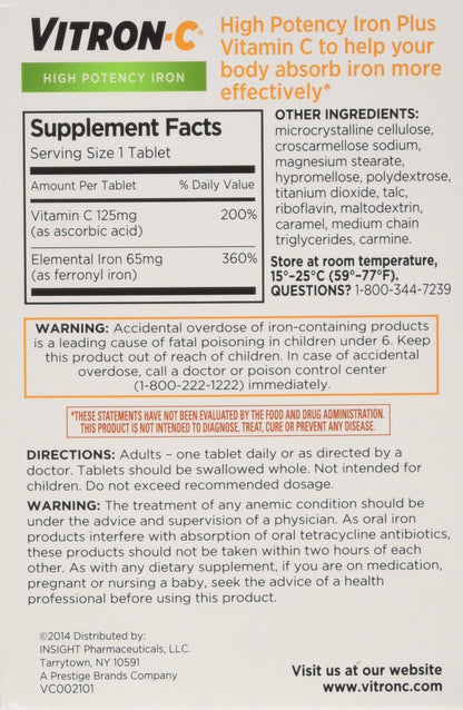 VITRON-C High Potency Iron + Vitamin C Tablets – 60 Ea, 3 Pack