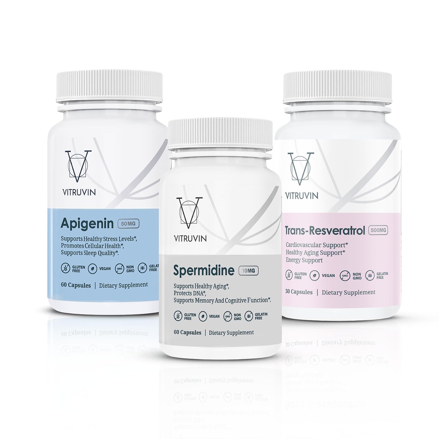 VITRUVIN Longevity Plus - Spermidine 2x10mg, Apigenin 2x50mg, Resveratrol 500mg + Piperine 5mg | Vegan, Non-GMO, Gluten-Free, Gelatin-Free