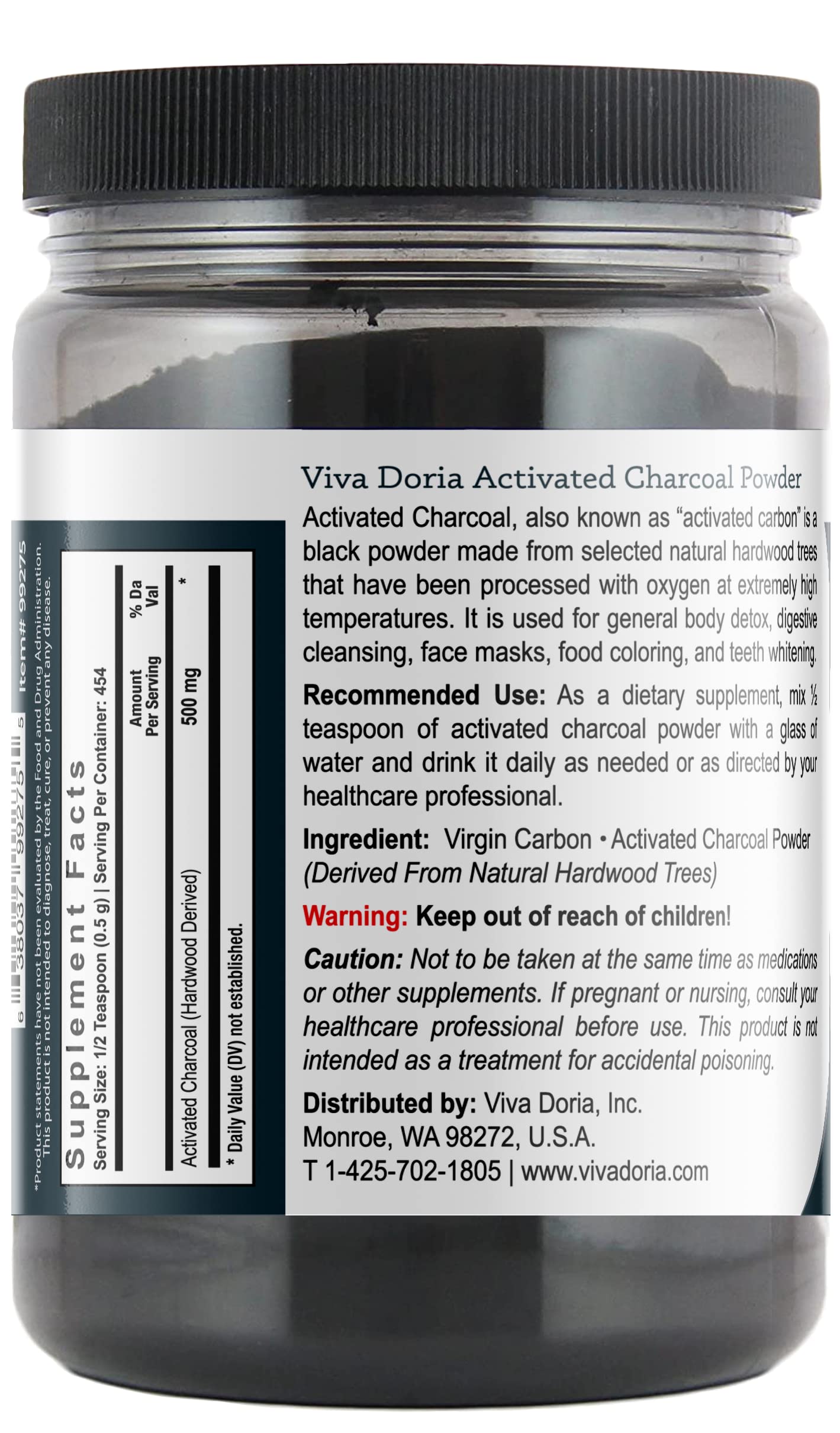 Viva Doria Virgin Activated Charcoal Powder – Hardwood Derived, Food Grade, 8 oz
