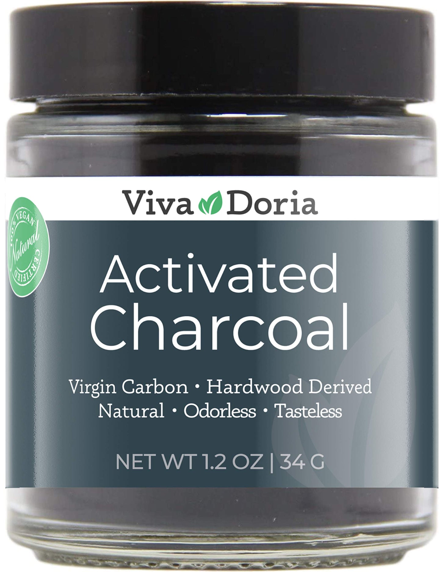 Viva Doria Activated Charcoal Powder – Hardwood Derived, Food Grade, 1.2 oz Glass Jar