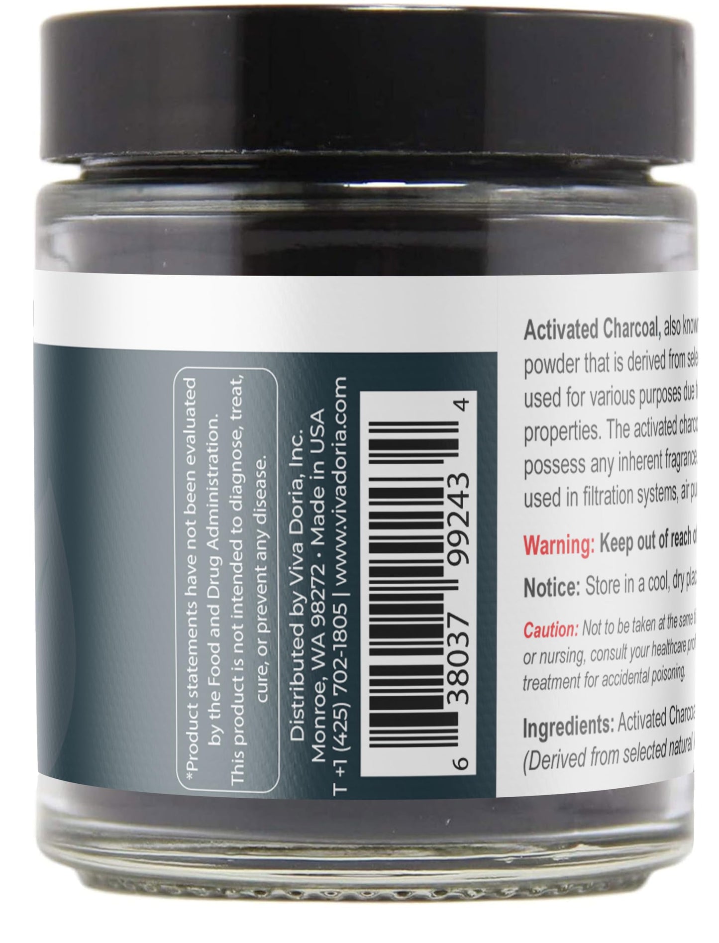 Viva Doria Activated Charcoal Powder – Hardwood Derived, Food Grade, 1.2 oz Glass Jar