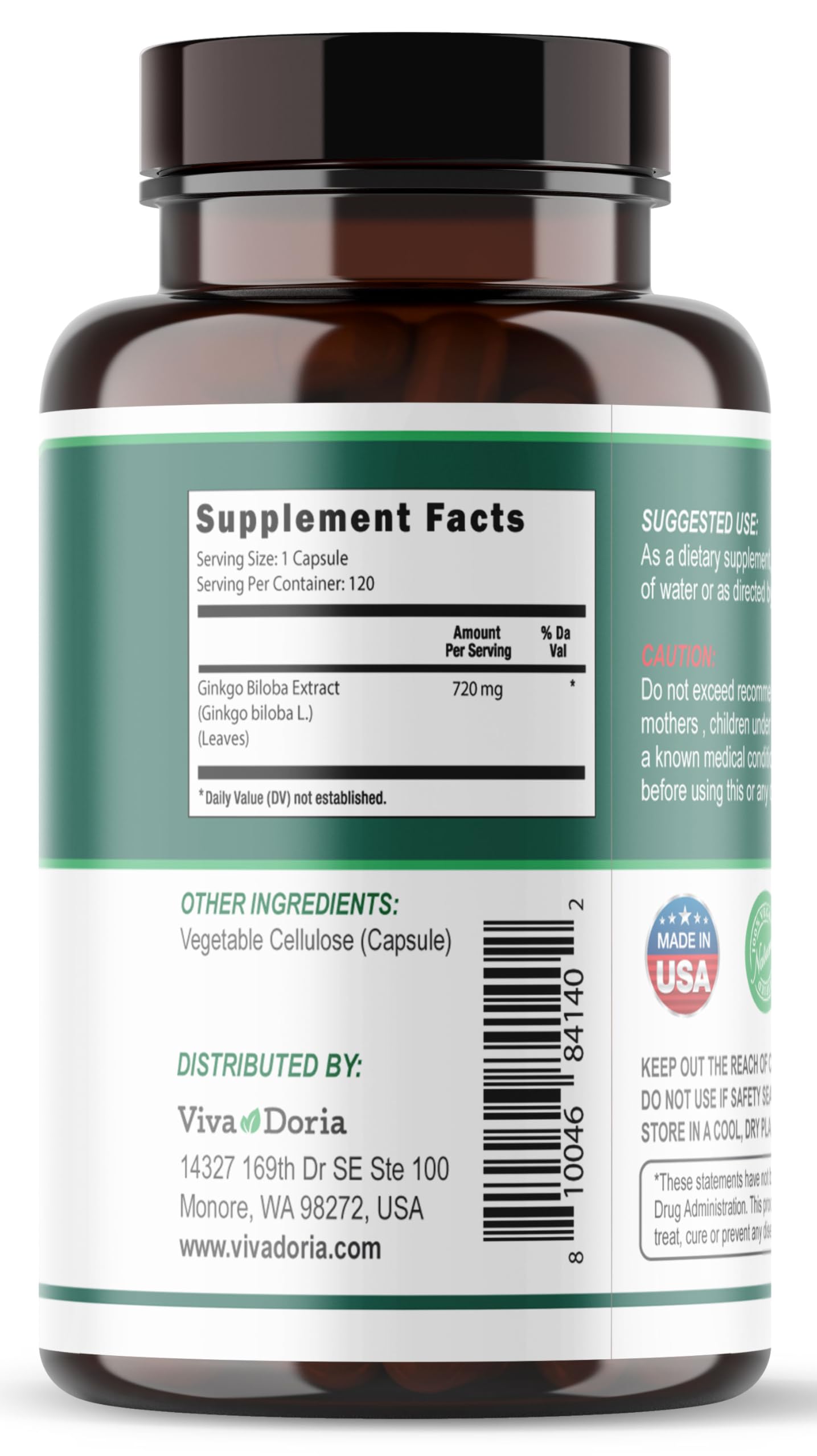 Viva Doria Ginkgo Biloba 720mg - Brain Function & Memory Support | 120 Veg Capsules