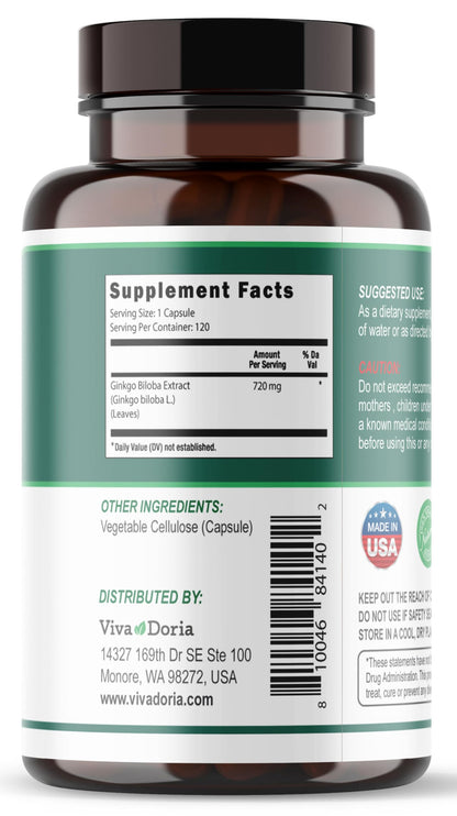 Viva Doria Ginkgo Biloba 720mg - Brain Function & Memory Support | 120 Veg Capsules
