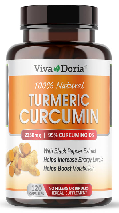 Viva Doria Turmeric Curcumin 2250mg with Black Pepper – 95% Curcuminoids, 120 Veg Capsules