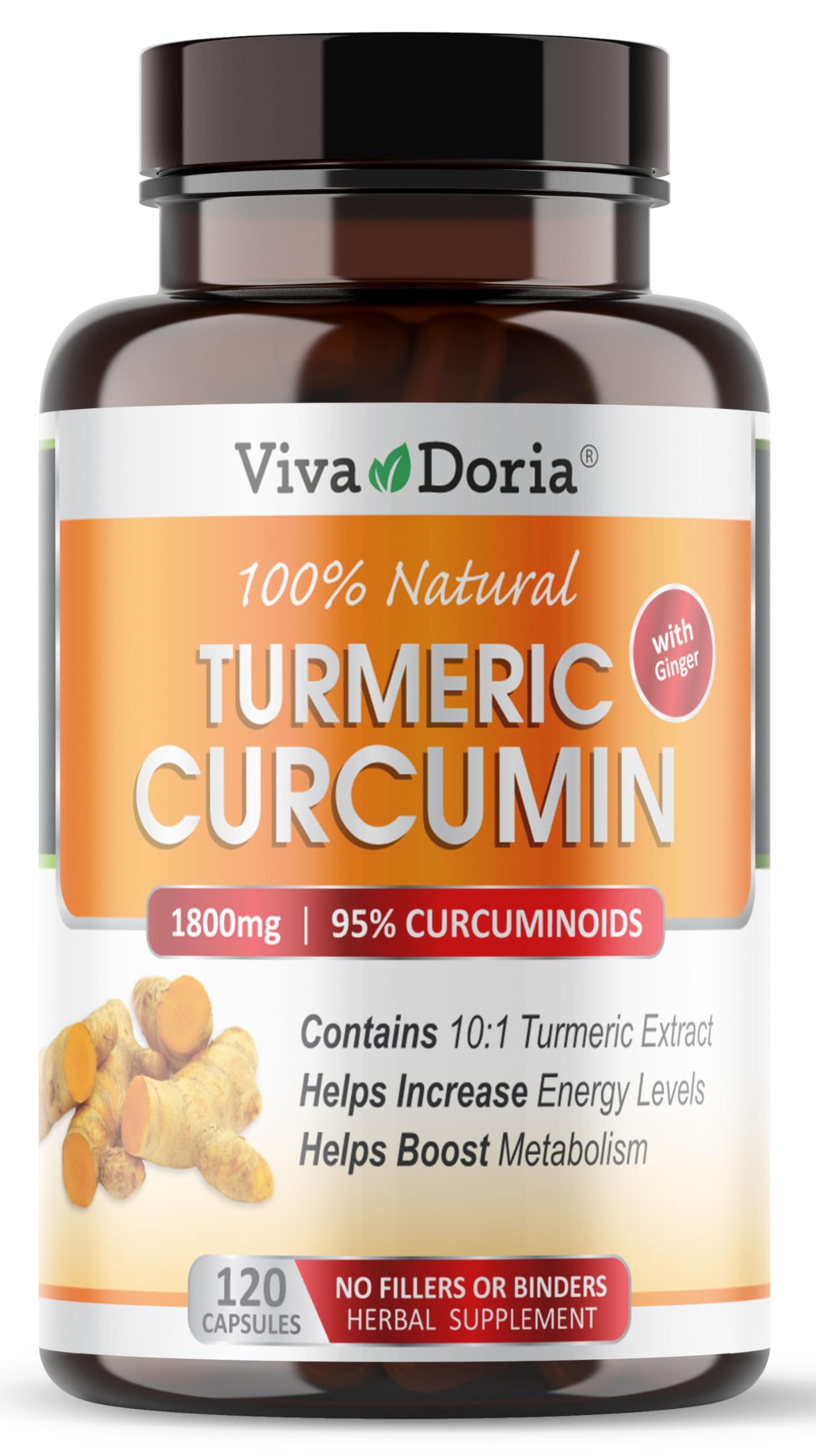 Viva Doria Turmeric Curcumin with Ginger, 95% Standardized Curcuminoids, 1800mg, 120 Capsules