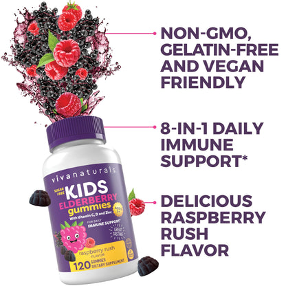 Viva Naturals Sugar-Free Sambucus Elderberry Gummies for Kids - 8-in-1 Immune Support | Vitamin C & Zinc | Vegan & Gluten-Free (120 count)