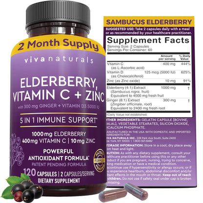 Viva Naturals Elderberry 5-in-1 Immunity Supplement - Vitamin C, D3 & Zinc