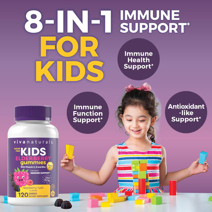 Viva Naturals Sugar-Free Sambucus Elderberry Gummies for Kids - 8-in-1 Immune Support | Vitamin C & Zinc | Vegan & Gluten-Free (120 count)