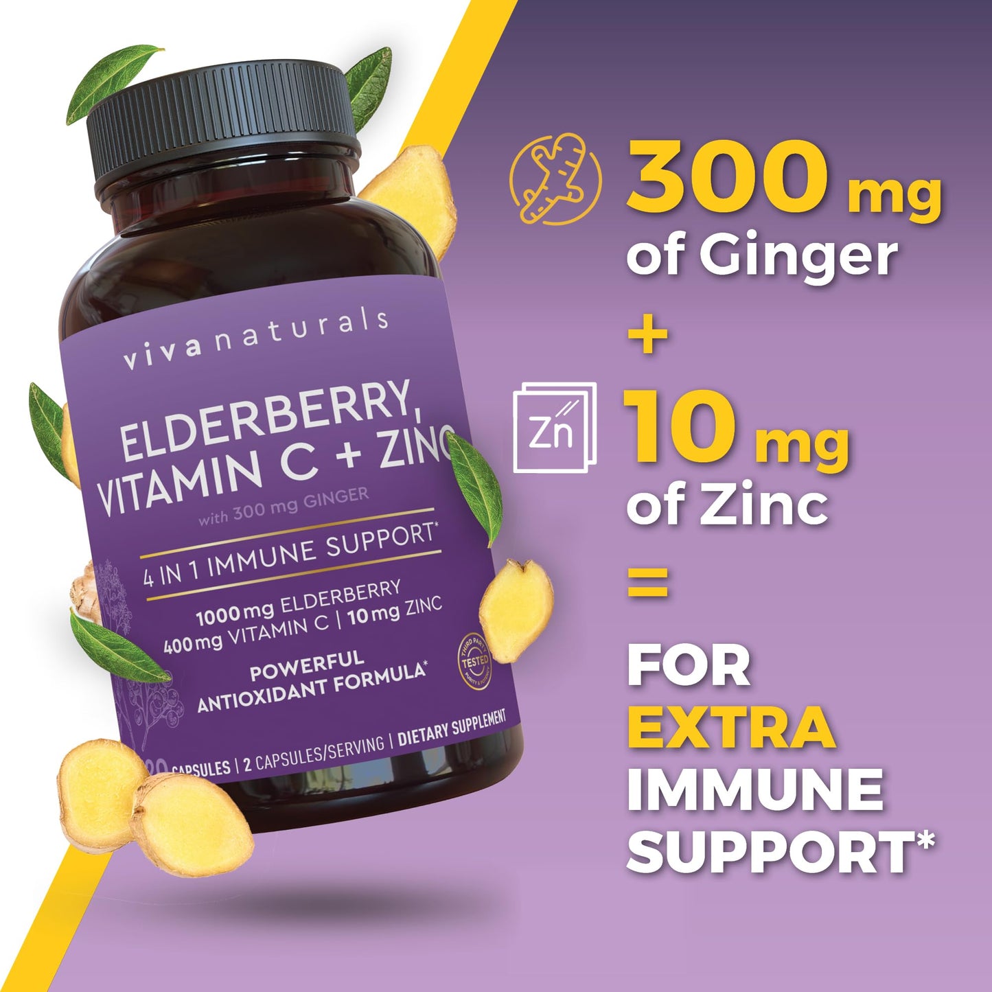 Viva Naturals Elderberry with Vitamin C and Zinc (120 Capsules) - 1000mg Sambucus Elderberry Immune Support Supplement, Black Elderberry Capsules for Adults - 2 Months Supply
