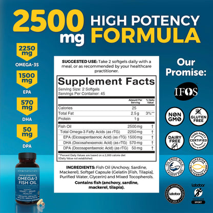 Viva Naturals Triple Strength Omega-3 Fish Oil - 2250 mg Omega-3, 90 Softgels, IFOS Certified