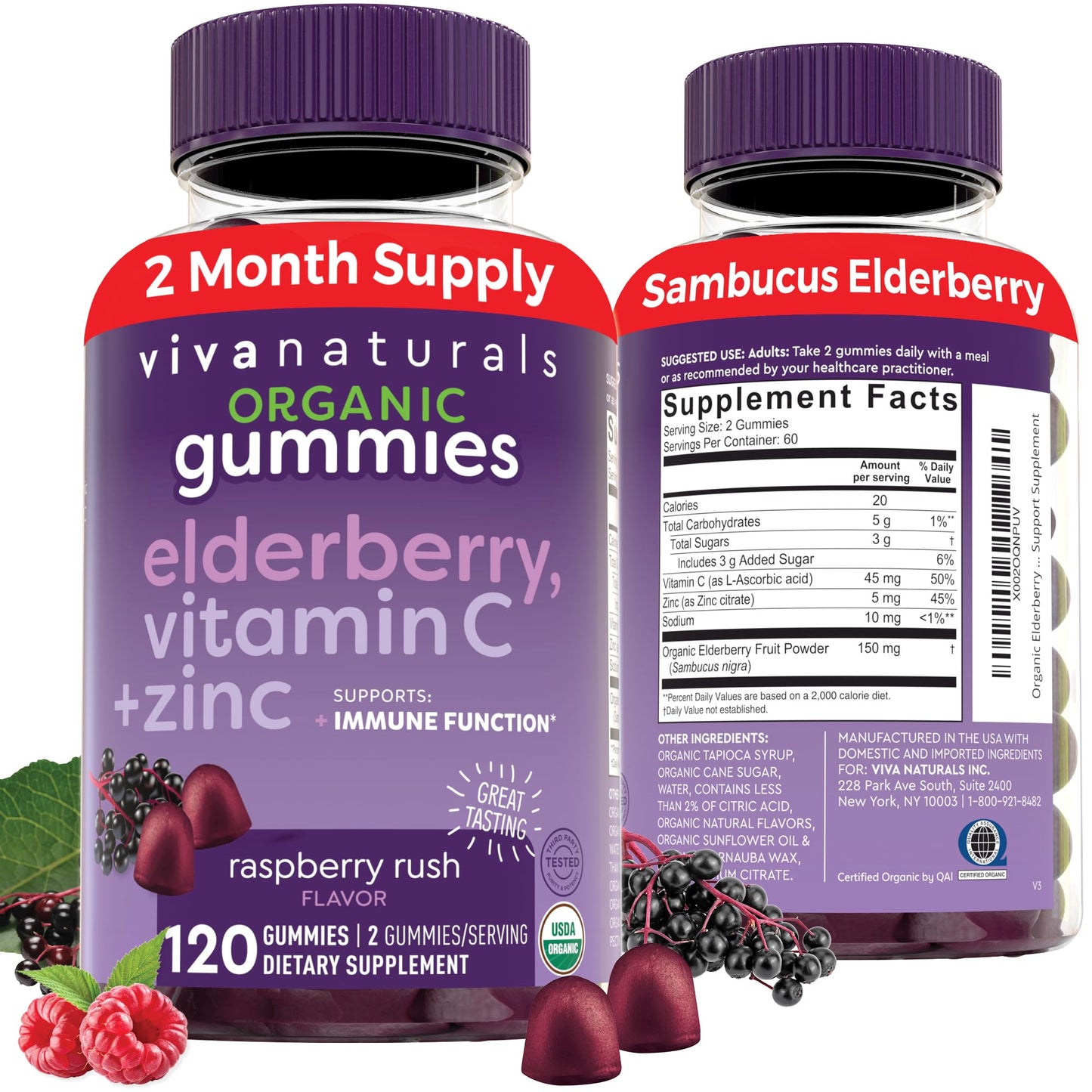 Viva Naturals Sambucus Elderberry Gummies for Adults – 120 Count | Immune Support