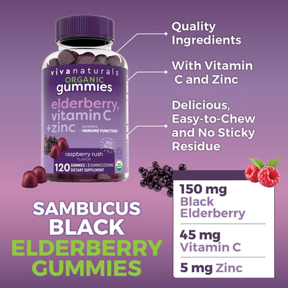 Viva Naturals Sambucus Elderberry Gummies for Adults – 120 Count | Immune Support